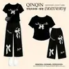 2026 Nuevo Estilo de Verano Camisetas de Manga Corta con Estampado de Letras para Niñas, Pantalones Casuales de Pierna Ancha con Adorno de Encaje y Lazo, Conjunto de Dos Piezas