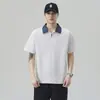 Camisa Polo Color Block Estilo Americano de Verão Moda Tendência Gola Reversível Manga Curta Casual Versátil Camiseta Manga Curta Masculina Roupa de Trabalho