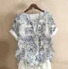 En Stock Verano 2026 Nueva Ropa para Mujer Camiseta de Algodón y Lino con Estampado Retro de Manga Corta para Mujer