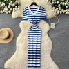 Vestido de Punto Elegante Coreano Estilo Diosa Moda de Alta Gama Bloque de Color Rayas Cuello en V Mangas Abullonadas Ceñido a la Cintura Adelgazante