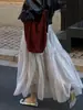 Saia de Organza Camada Texturizada Plissada Franzida Slimming de Cintura Alta de Linha A com Pérolas de Moda de Luxo para Mulheres