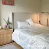 Mueble Cama de madera maciza estilo americano con bordes rectos, color crema, cama doble para dormitorio principal, estilo retro francés para apartamento pequeño, cama Su Yin estilo vintage