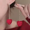 Pendientes de plata con forma de corazón de melocotón, brillantes, rojos, tridimensionales, con diamantes, ligeros, de lujo, de alta gama, estilo Ins, dulces y elegantes.