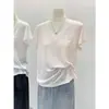 Camiseta Interior de Verano para Mujer Estilo Perezoso Cuello en V Delgado Lyocell Tencel Manga Corta Hombro Derecho Estilo Coreano Blanca