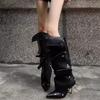 Botas holgadas de retazos con botones de talla grande en stock 2025 Nuevas Botas de moda de tacón alto transfronterizas para mujer con punta fina y tacón de aguja Botas largas