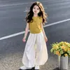 Conjunto Casual de Verão com Manga Curta para Meninas 2026 Novo Estilo Coreano Moda Infantil Calça Harem Solta de Perna Larga Conjunto de Duas Peças