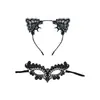 Máscara de Ojos Sexy de Encaje Negro Máscara de Media Cara Diadema con Orejas de Gato Accesorios para el Cabello Máscara de Baile Fiesta de Carnaval Traje para Mujer