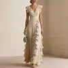 Ropa de Verano para Mujer 2026 Transfronteriza Europea y Americana Nuevo Estilo Elegante Color Sólido Cuello en V Cintura Ceñida Vestido con Volantes
