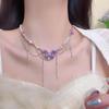 Collar de cuentas de cristal rosa con mariposas, elegante y fresco, para mujer, ligero, lujoso, de alta gama, con aretes tipo gargantilla y cadena para clavícula.