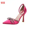 LiuFu Zapatos de tacón alto para mujer de moda, estilo europeo y americano nuevo, en stock, con lazo, punta fina, talla grande, con hebilla