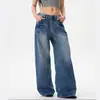 Jeans Lavado Retro Americano com Rebites e Raio para Homens e Mulheres Calças Longas Casuais Retas Soltas de Rua Desgastadas Retro