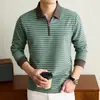 Camiseta de Manga Larga Rayada con Solapa para Hombre de Lana y Seda 2026 Otoño Invierno Nueva Camiseta Térmica Cálida de Media Cremallera para Hombre