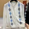 Cárdigan de punto con cuello redondo, patrón de rombos, de lino y seda de hielo para mujer, nuevo estilo primavera/otoño 2026, chaqueta suéter ligera para figuras petite