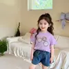 Conjunto de Verano para Niña 2026 Nuevo Elegante y Lindo Cuello Redondo Lentejuelas Tres Flores Manga Corta Pantalones Cortos de Bebé Conjunto de Dos Piezas
