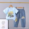 Verão 2024 novo 0-5 anos terno infantil dos desenhos animados carro animal gola redonda manga curta jeans de duas peças de algodão