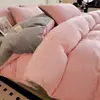 Juego de ropa de cama de cuatro piezas de terciopelo de leche, color liso, engrosado, para invierno, con una sábana bajera de forro polar por ambos lados y una funda de edredón de forro polar de coral