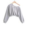 Otoño Ins Estilo Americano Gris Manga Larga Hombro Caído Top Corto Pantalones de Pierna Ancha Pantalones de Chándal Traje de Dos Piezas