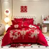 Nuevo Juego de Cuatro Piezas de Estilo Chino para Boda en Rojo Brillante, Tela de Algodón Puro Cepillado con Bordado de Dragón y Fénix, Funda Nórdica, Ropa de Cama de Dote para Habitación de Boda