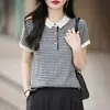 2026 Verão Coreano Retrô Listrado Gola Polo Tricô Manga Curta Feminino Solto Emagrecedor Toque Relaxado Top Camiseta