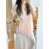 Camisa Rosa Cremosa Doce Estilo Japonês com Mangas Bufantes Design de Verão Plissada Solta Emagrecimento Camisa Boneca