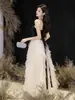 Vestido de Noche de Alta Gama con Parches de Malla Vestido para Mujer Textura de Alta Gama Socialite Sin Tirantes Negro Elegante Nuevo Estilo Vestido Largo para Mujer
