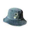 Sombrero de Pescador de Mezclilla Lavada con Oso de Dibujos Animados de Alta Calidad para Mujer, Primavera y Verano, Ala Ancha, Adelgazante de Rostro, Sombrero de Sol, Moderno