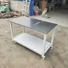 Bancada de Aço Inoxidável Móvel de Camada Dupla Ultra Limpa Mesa de Operação de Oficina Estação de Preparo com Rodas Mesa de Embalagem Mesa de Laboratório Morsa