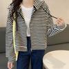 Estilo Europeu e Americano Foto Real Algodão Piquet Listrado Curto Tamanho Grande Moletom Cardigan Jaqueta Feminina Primavera & Outono Fino Solto Top
