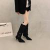 Botas Femininas de Camurça Bico Fino Plissadas com Salto Bloco, Novo Estilo Outono e Inverno 2025, Botas Longas de Salto Agulha Dupla Utilização Destacáveis, Botas de Cano Curto de Salto Alto