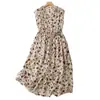 Novo Vestido Estampado Floral para Mulheres Verão Comprimento Médio Saia Elegante Estilo Pastoral Algodão Linho Vestido Longo