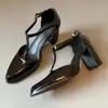 Versión de Piel de Vaca~Zapatos Mary Jane Retro con Tira en T para Mujer, Nuevos Tacones Altos de Punta Fina para Primavera y Otoño, Zapatos de Salón Individuales Huecos con Tacón Grueso