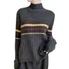 Suéter de punto casual transfronterizo para mujer, de canalé, cuello alto medio, ajuste holgado, a rayas, bloques de color, manga larga, para otoño e invierno, camiseta base de punto