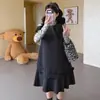 Moda Gestante Outono Inverno Novo Estilo Laço Top Interno Vestido com Babados de Camada Dupla Emagrecedor Esconde Barriga Conjunto Linha A