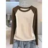 Camiseta feminina de algodão puro com gola redonda e mangas compridas, novo estilo outono 2026, corte slim, que valoriza a silhueta, camada interna, top com manga raglan