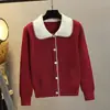 Cardigan Suéter Feminino Versátil de Malha Slim Fit com Gola Boneca Novo para Primavera e Outono Estilo Coreano