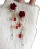 Pendientes de Rosa Gota de Agua Estilo Francés Retro Super Hada Terciopelo Rojo Rosa, Pendientes Largos de Borla de Gama Alta para Mujer