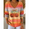 Estación Independiente Transfronteriza Europea y Americana Nueva Camiseta de Moda para Mujer Estampado 3D Color Degradado Cuello en V Manga Larga Top Verano Europeo y Americano
