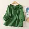 Foto Real de Camisa Pulóver Holgada Adelgazante de Algodón y Lino Talla Grande Estilo Retro Japonés con Mangas de Linterna