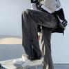 Jeans masculino de moda de rua estilo americano com zíper e fenda, marca de moda masculina, calças de perna larga retas folgadas versáteis com bordas desfiadas