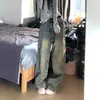 Jeans Petite Americano de Barra Desfiada para Mulheres, Calças Largas de Cintura Alta Tendência, Caimento Solto e Fluido, Comprimento no Chão