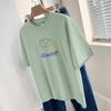 Camiseta de algodón grueso de 260 g para mujer, de verano, de manga corta, cuello redondo, diseño estampado bonito, camiseta de media manga.