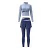 Conjunto de Calça de Yoga Falso Duas Peças para Mulheres, Cardigã de Manga Longa com Gola Alta, Color Block, Secagem Rápida, Alta Elasticidade, Roupas para Fitness Pilates Treino