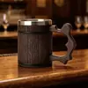 Caneca de Madeira Retrô Artificial com Revestimento de Aço Inoxidável 304, Parede Dupla, Caneca de Barril de Madeira, Caneca de Chá Doméstica, Copo de Água