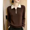 2026 Verão Nova Camisa Slim Fit Emagrecedora Top Estilo College com Gola Reversível em Cor Contrastante Manga Longa Meio Botão Suéter de Tricô para Mulheres
