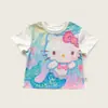 Camiseta Manga Curta Feminina Estampa Gatinho Flor de Cerejeira Rosa, Doce e Fofa, Novo Top Fofo de Verão para Meninas