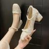 Nuevos Zapatos de Mujer de Tacón Alto 2023 con Perlas, Adecuados para Cheongsam, Zapatos de Salón Poco Profundos Versátiles, Zapatos Mary Jane Franceses Retro