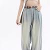 Jeans Vintage Lavados de Pierna Ancha para Mujer, Nuevo Diseño Plisado Estilo Americano, Sensación de Alta Gama, Pantalones Sueltos y Caídos de Largo Hasta el Suelo