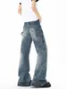 Calça jeans de lenhador com botões estilo rua americano para mulheres e homens, vibe outonal, calça de trabalho microflare lavada, calça wide leg desgastada