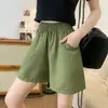 Shorts de Trabajo de Algodón y Lino Color Caqui para Mujer, Nuevo Estilo Verano 2026, Cintura Alta Casual de Cinco Puntos Pierna Ancha Deportivos para Figuras Pequeñas