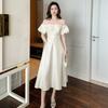 Vestido Longo Inspirado em Designer 2026 Verão Novo Estilo Francês Ombro a Ombro Manga Bufante Cintura Marcada Vestido que Alonga a Silhueta 21348